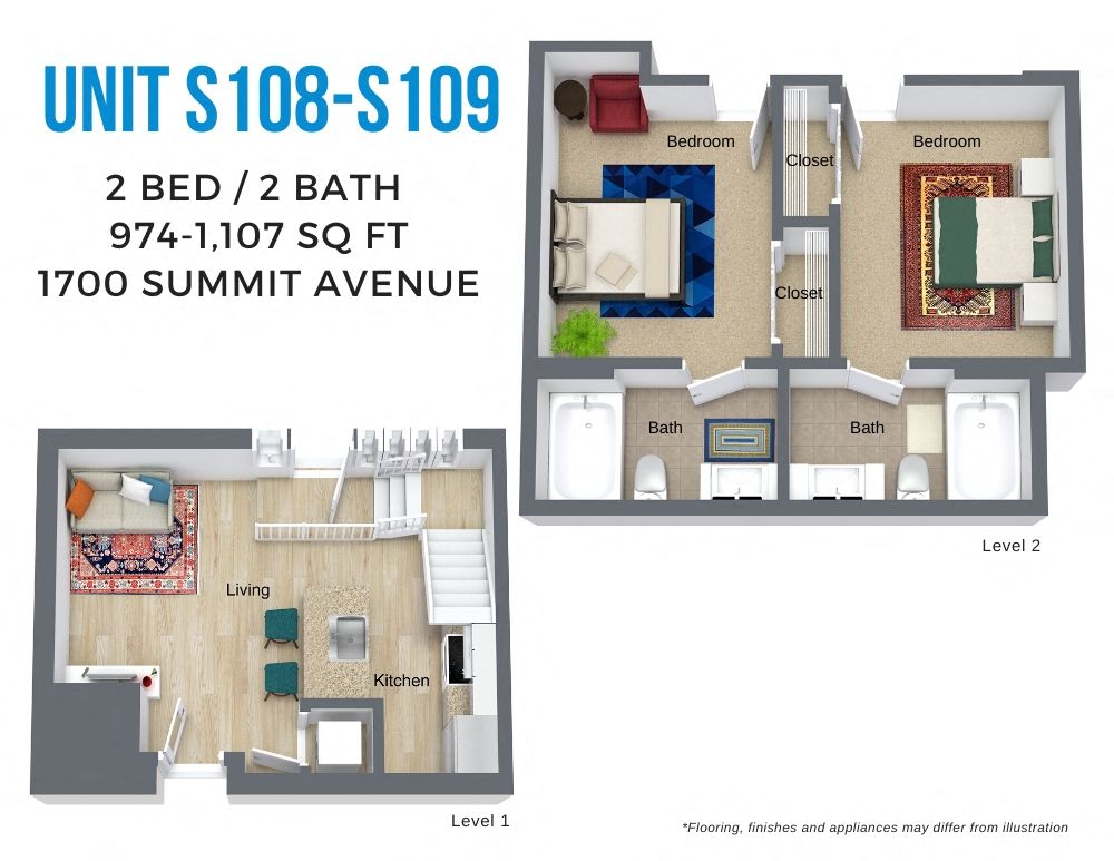 Floor plan for 2 beds, 2 baths, 974 sqft